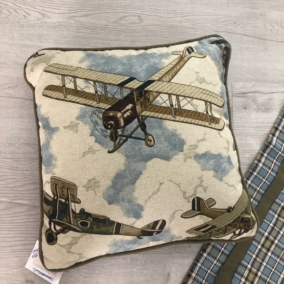 NWT Eastern Accents Plaid and Airplane Pillow Set 14” AND Euro Square Green Blue - Picture 2 of 9